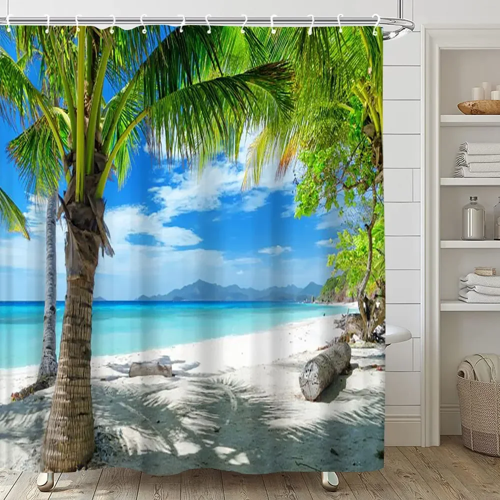 Beach Scenery Shower Curtains Sea Ocean Starfish Dolphin Shell Summer Mediterranean Landscape Bathroom Decor Bath Curtain Cloth