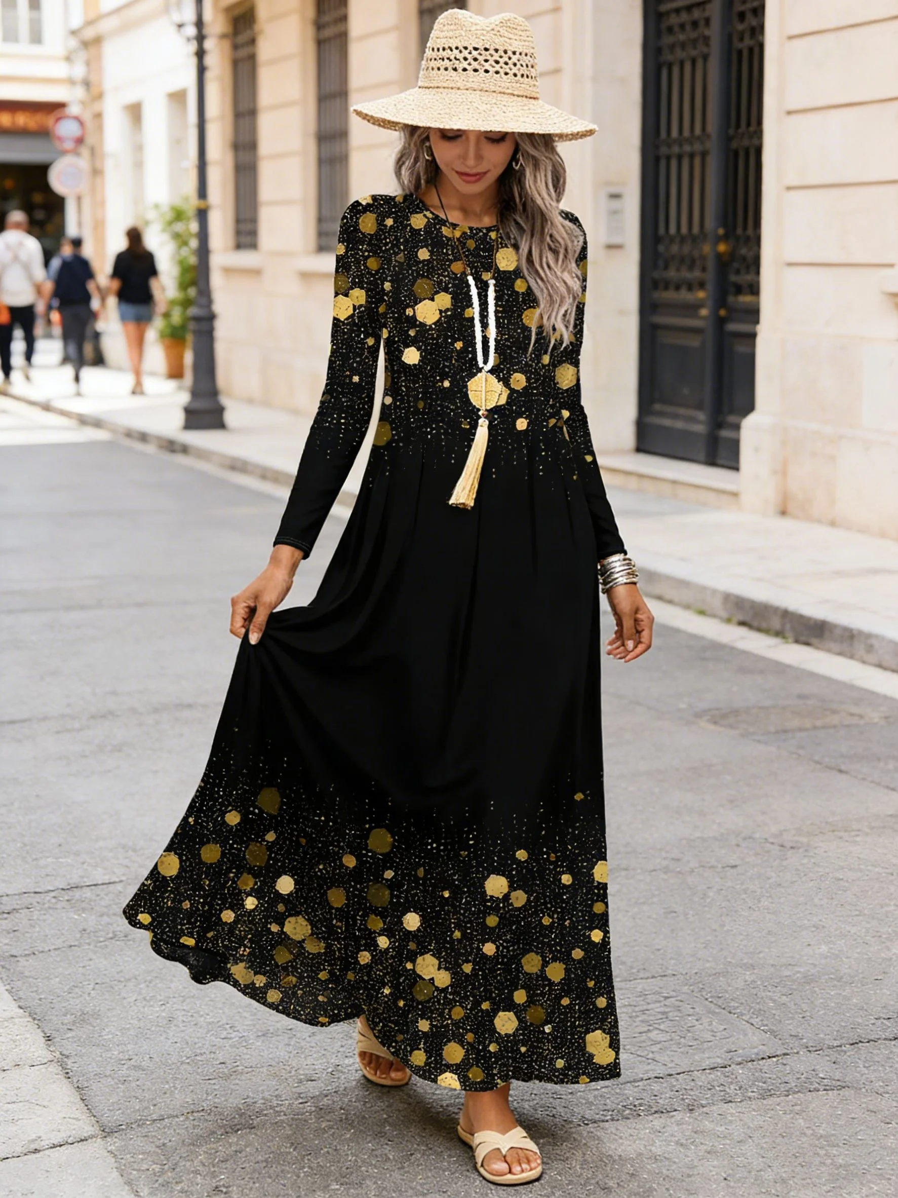 Damen Langarm-Kleid mit Rundhalsausschnitt für Urlaub, Sommer, Büro, Lässiges A-Linien-Kleid, Elegantes Alltagsoutfit