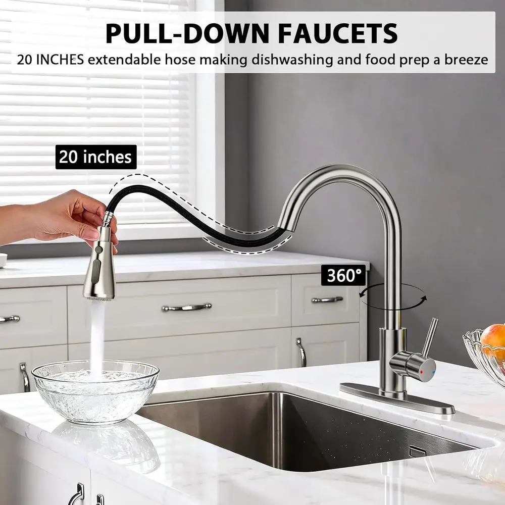 صنبور مطبخ بخاخ قابل للسحب، من الفولاذ المقاوم للصدأ بقوس عالٍ، مقبض واحد لأحواض واحدة أو 3 فتحات، لمسة نهائية من النيكل المصقول، مناسب f