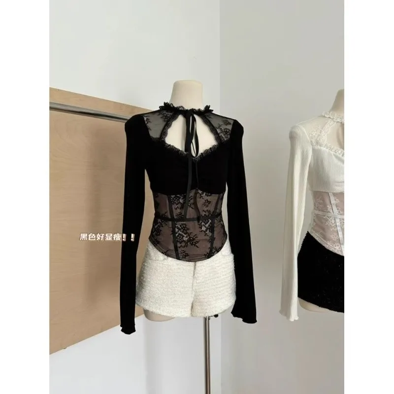 

Lace-neck Lace Paneled Long-sleeved Sweater Feminine Slim Fit Crop Top