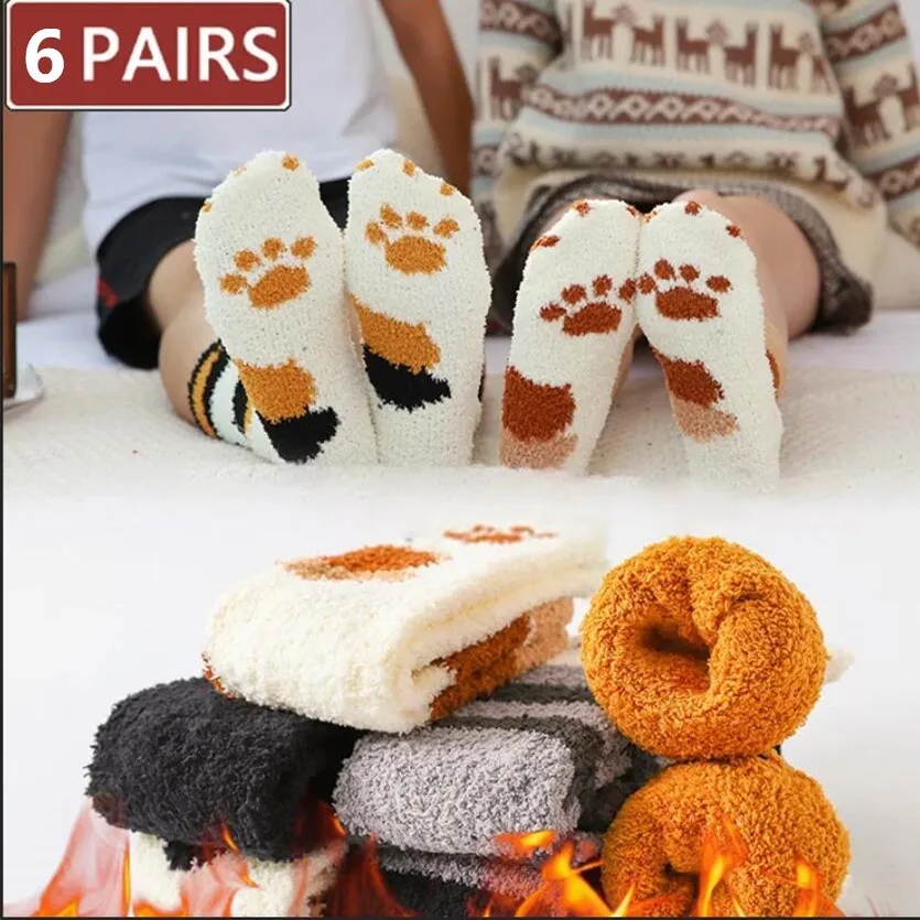 Dreamlikelin 6 paia/lotto calzini Kawaii da donna Set Cartoon Cat Paw Patterned Dot Striped Plush Socks Winter Warm Funny Fluffy Sox