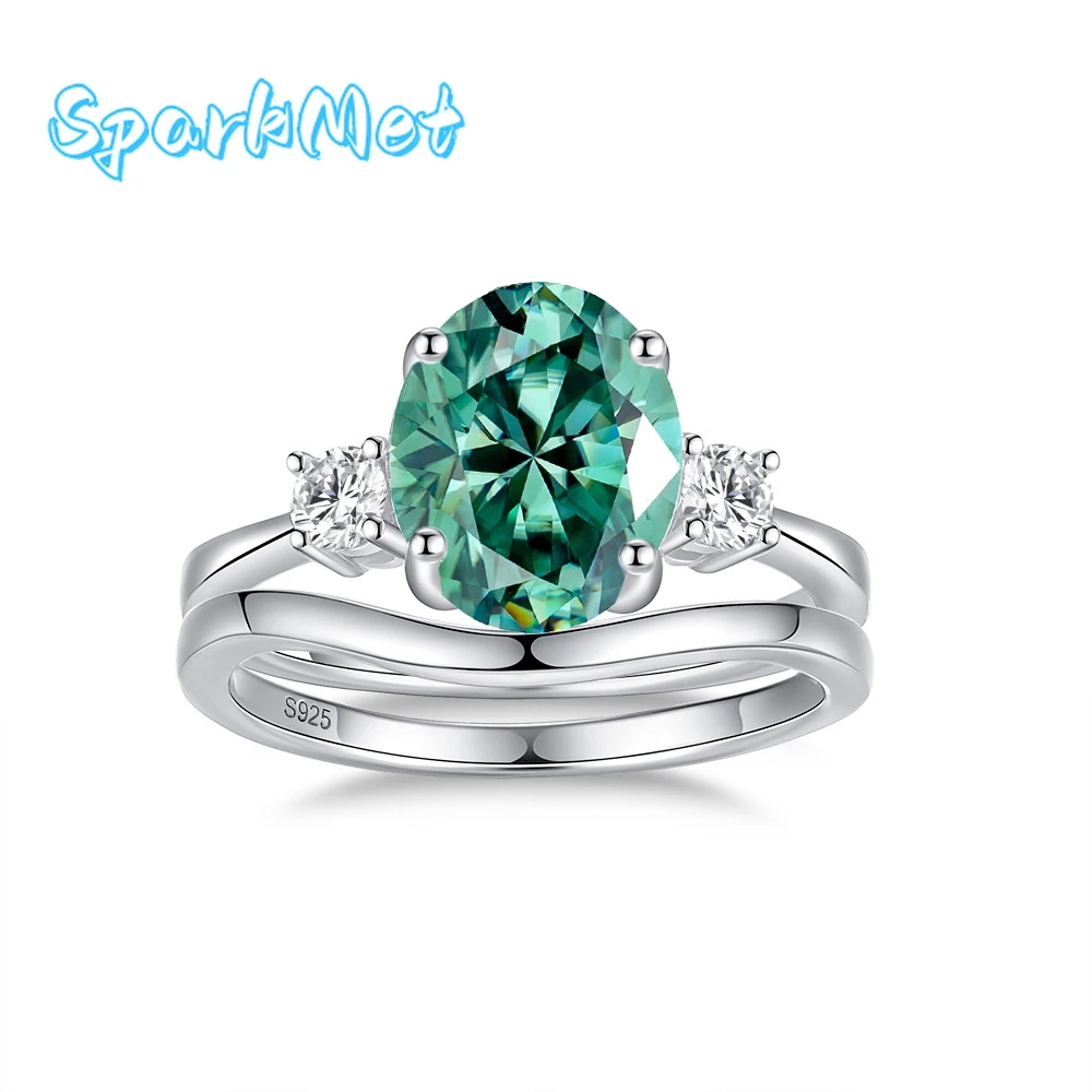 

SparkMet 2.0ct Oval Moissanite Double Layer Ring 7X9MM with Certificate Tested with Diamonds S925 Silver Jewelry Women Gift