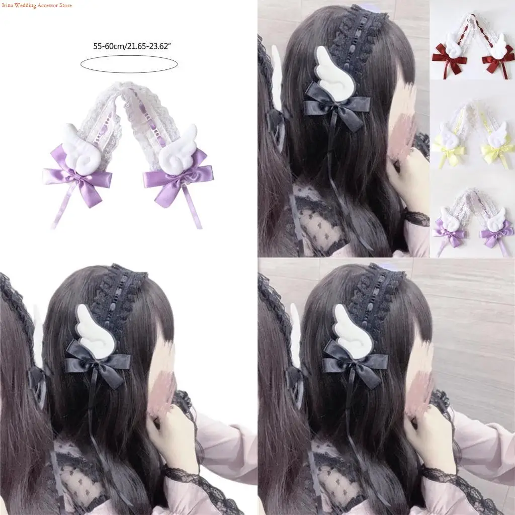 G92D Lolitas Cosplay Maid Headband Lace Hair Bands Wings & Bowknots Decors for Women