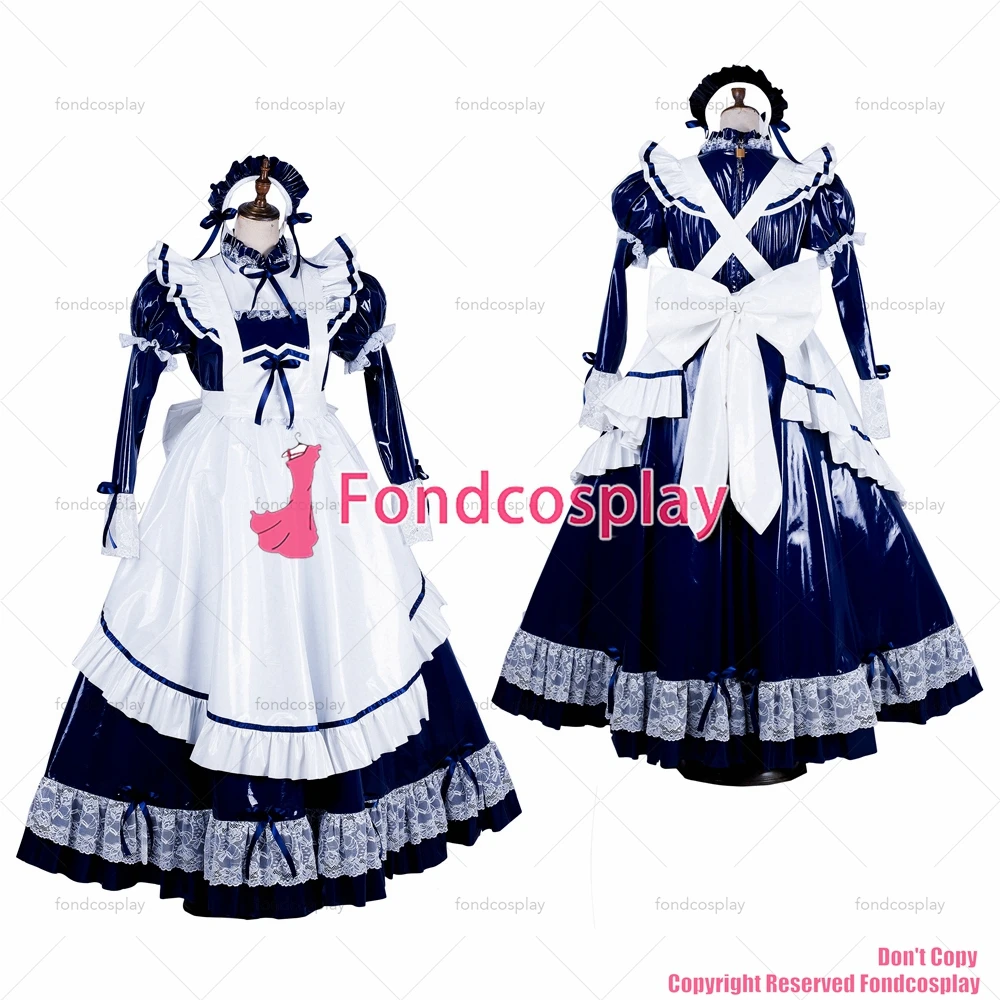 fondcosplay adult sexy cross dressing sissy maid long lockable black thin PVC vinyl dress Uniform white apron CD/TV[G1803]