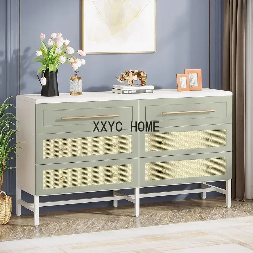 

Комод с 6 ящиками, современный комод из ротанга для спальни, 55-дюймовый длинный двойной комод, деревянный органайзер для хранения, тумба с ящиками