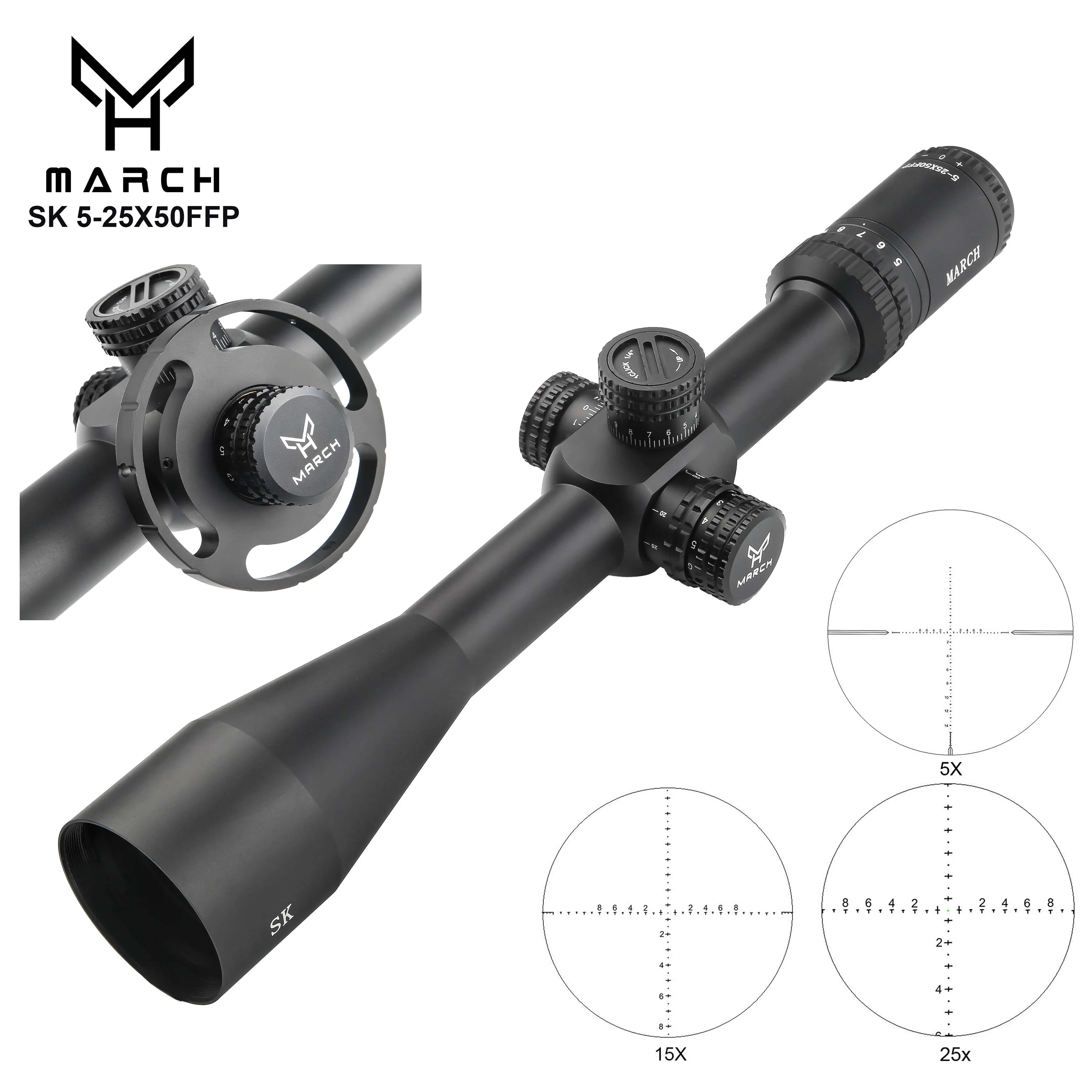 MARCH SK 5-25X50FFP IR Tactical First Focal Plane Riflescope Big Wheel Optic Sight For Hunting Rifle Sniper Hunting Fits PCP