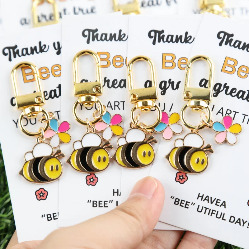 10Set With a thank-you card Keychain with interesting bees and colorful flowers Pendant Set Suitable for decorating bags and acc