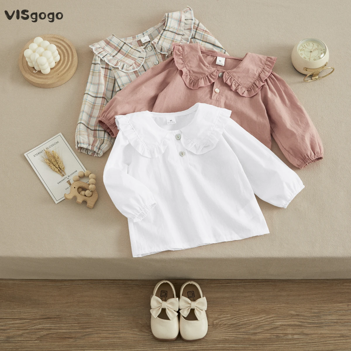 VISgogo Toddler Kids Girls Sweet Blouses Plaid/Solid Color Doll Collar Long Sleeve Shirts Spring Autumn Fashion Casual Tops