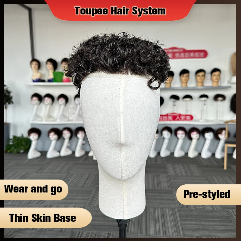 Natural Curly Pre Styled Men Toupee Thin Skin V Loop PU Base Human Hairpieces Hair Replacement System Protesis Hombre Male Wig