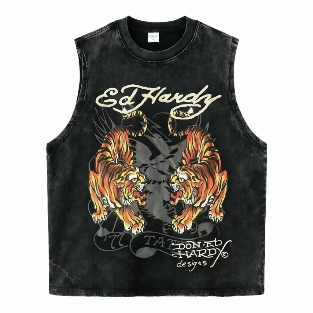 Men 100% Cotton Black Washed Tank Top Sleeveless Retro Tiger Tattoo Print Casual Streetwear Tee