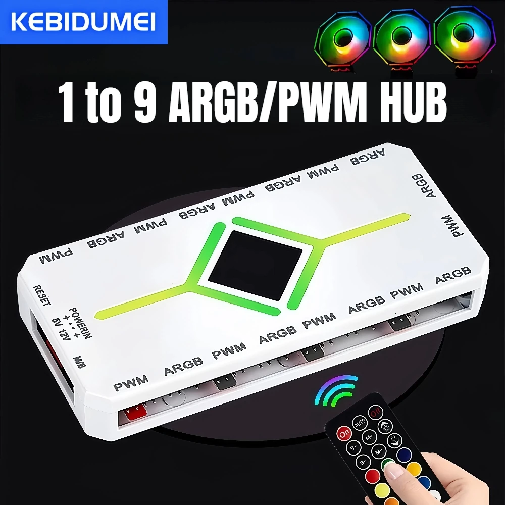ARGB PWM Fan Hub Adapter mit ARGB Controller 1To9 Port 5V 3 Pin PC Lüfter Hub Splitter SATA Netzteil PWM Magnetische Hub