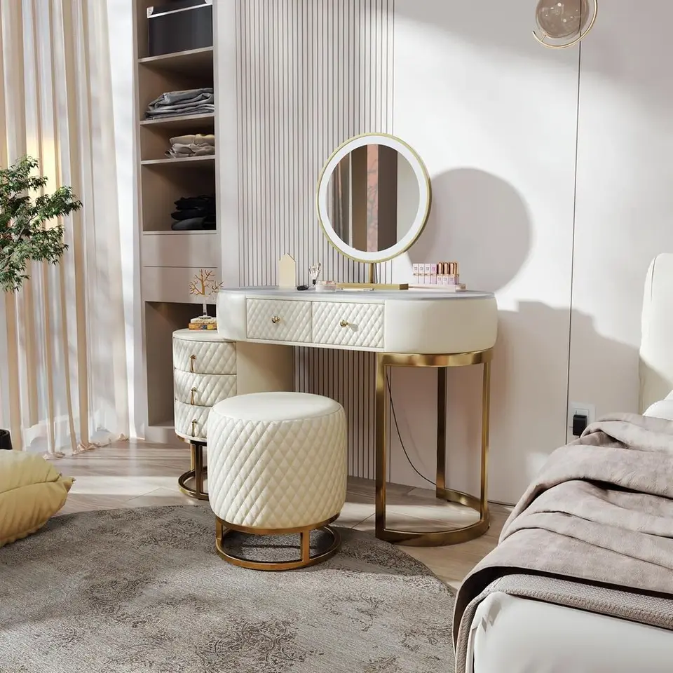 Elegant Leather Makeup Vanity Desk with HD Mirror