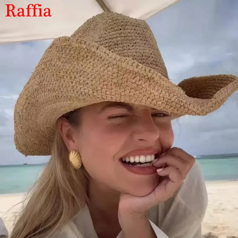 

Модная дышащая экологичная соломенная шляпа из рафии для лета и пляжа, в стиле вестерн, с загнутыми полями, для защиты от солнца