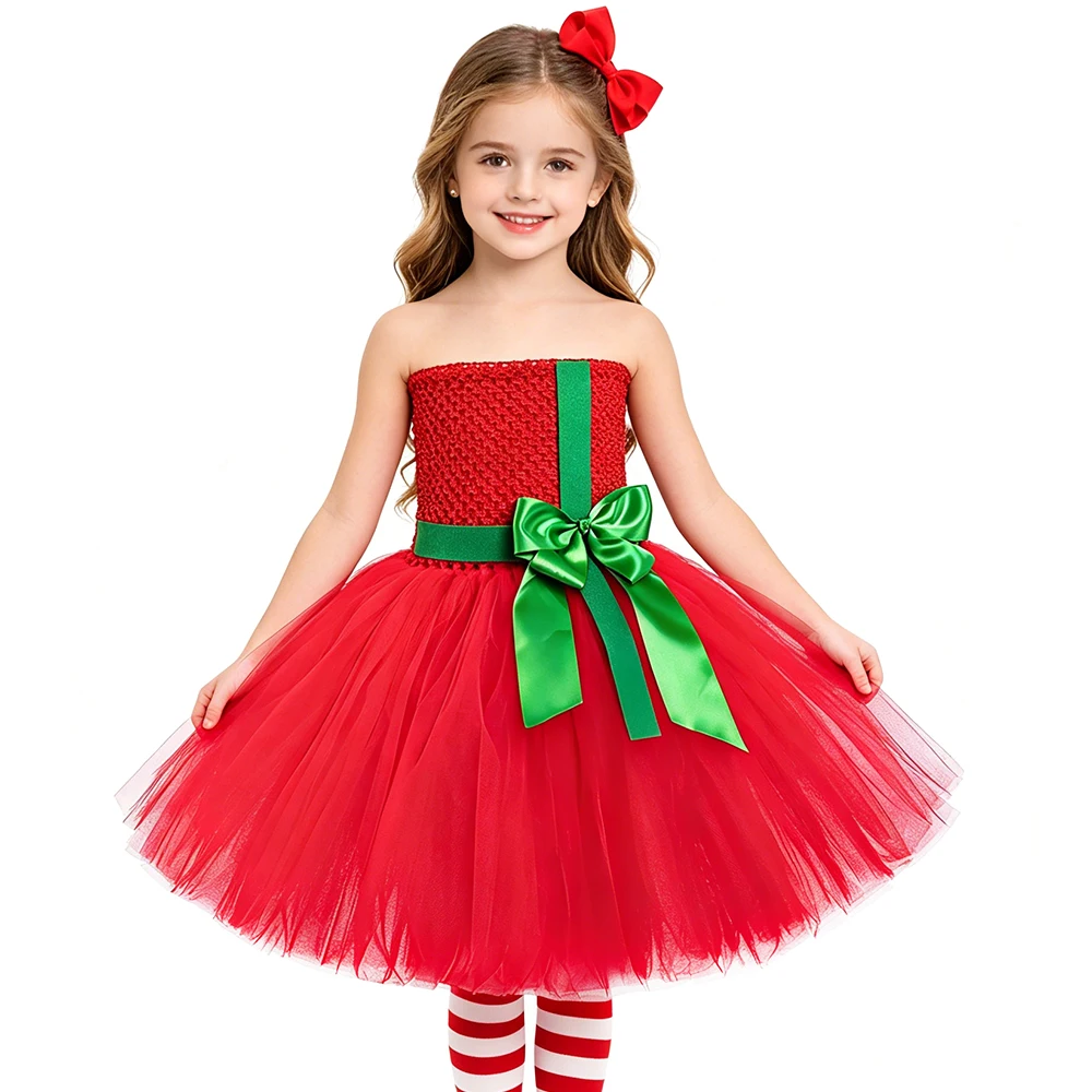 Red Christmas Gifts Present Costume Girls Christmas Tutu Dress Outfit Kids Toddler Festival Xmas Party Tulle Princess Dress Set