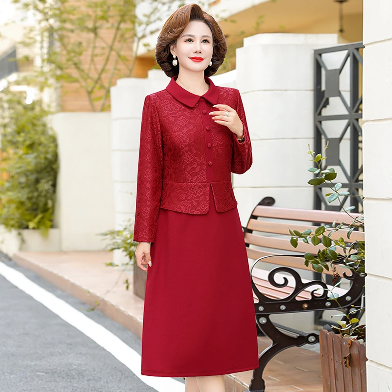 Red Festive Wedding Dress Elegant Women Vestidos noble Mom Spring Autumn lace patchwork Dresses