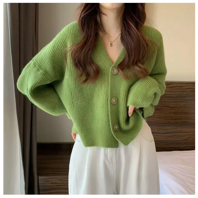 Loose Knitted Cardigan Women's Long Sleeve V-Neck Sweater Trendy Korean Style Casual Fashion Bright Thread Coolmax Fiber