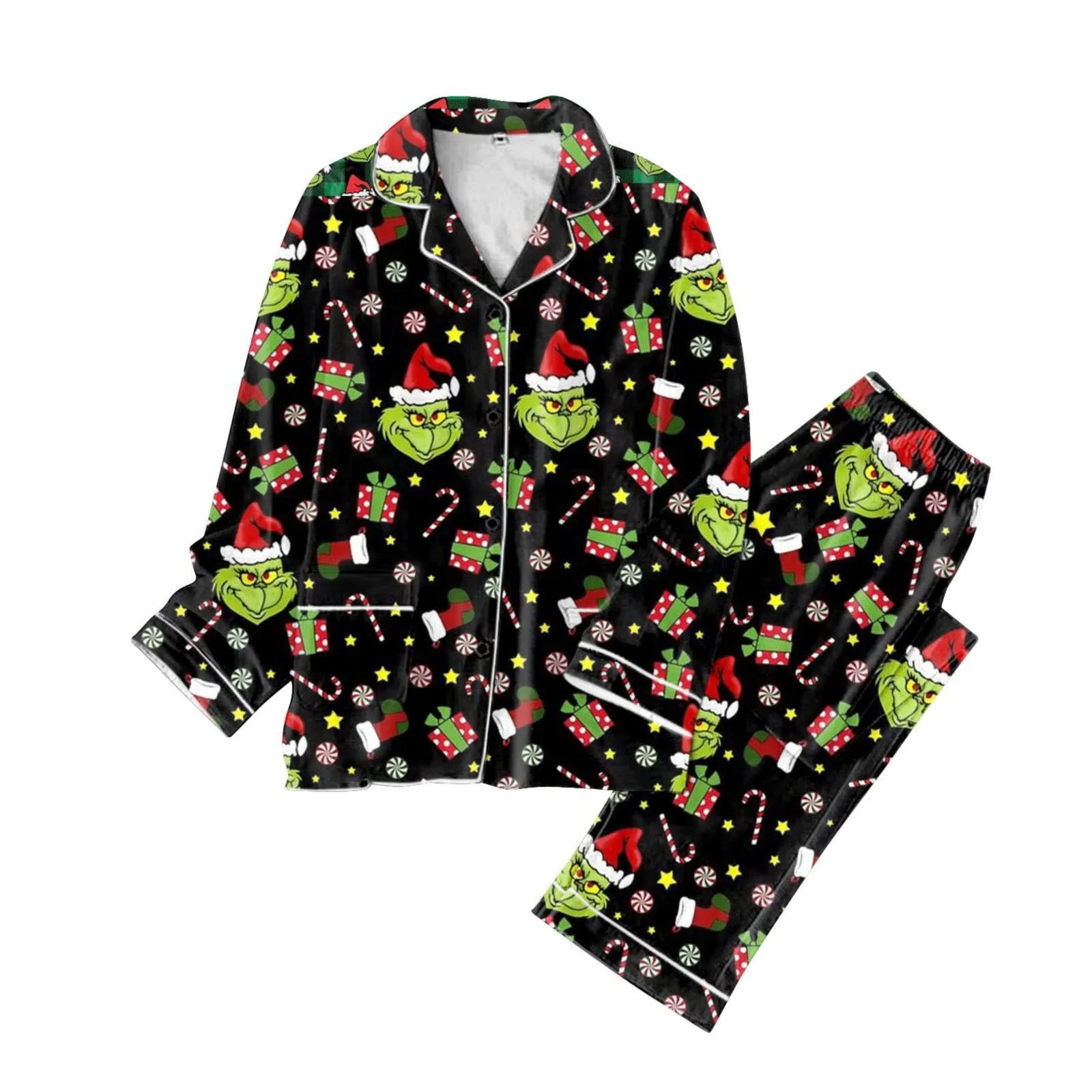 Conjunto de camisa y pantalones con botones de manga larga y estampado en forma de corazón de satén rojo para mujer Conjunto de pijama informal