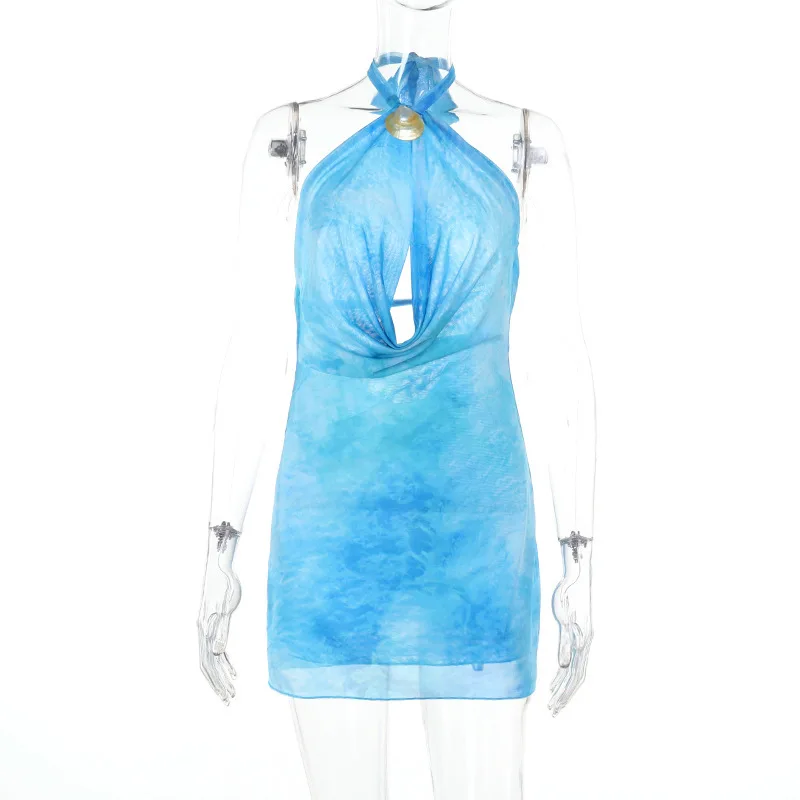 25196 Floral Halter Sexy Backless Printed Dress Women Vacation Style Hot Girl Short Dress 2025 Summer Dress Robe Vestido Women