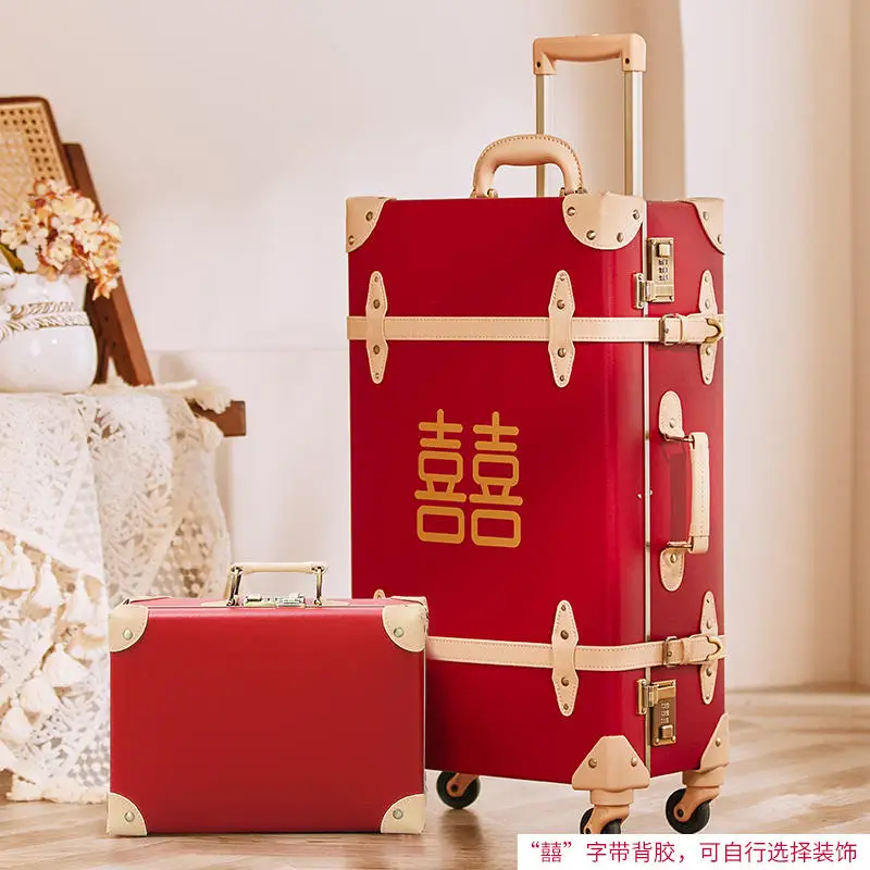 Red Suitcase With Handbag Wedding Dowry Luggage Box Leather High End Pull rod box Combination case a pair of bride dowry box