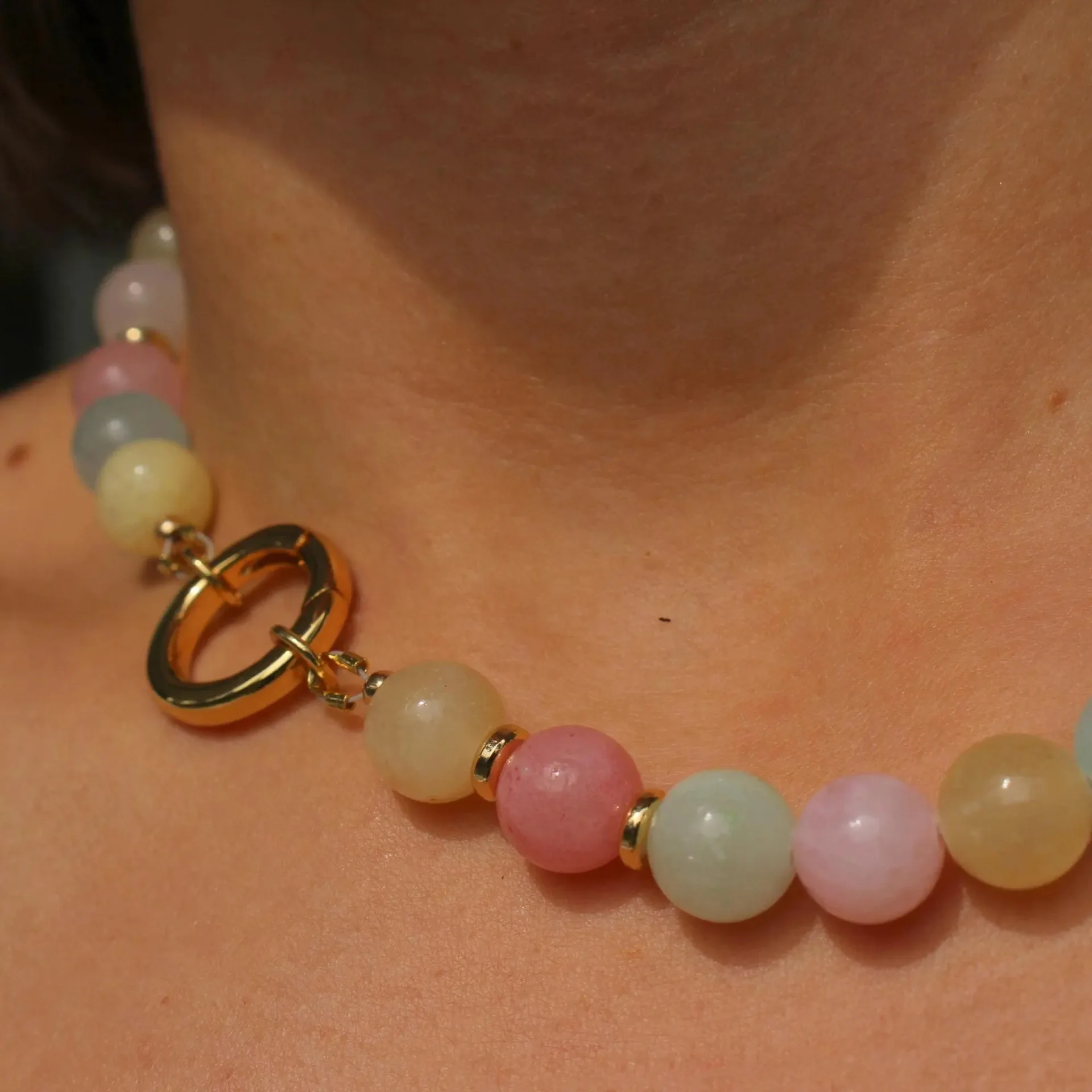 Colorful Handmade 10mm Glass Pastel Quartz Choker, 18K Gold-Filled Chunky Natural Gemstone Quartz Beaded Necklace, Gift for Her
