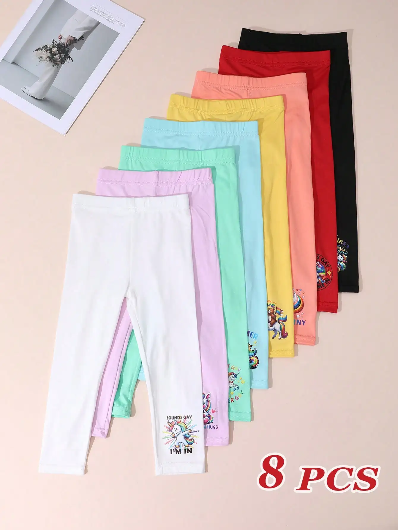 8Pack Girl Unicorn Print Legging 2-11Y Buttery-Soft Stretchy Polyester Spandex Kid Casual Pants School, Playdates Everyday Wear
