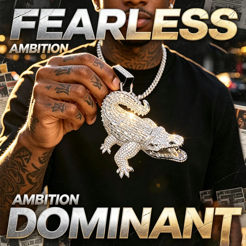Iced Crocodile Hip Hop Pendant 18K Gold Plated CZ Charm Fearless Ambition Street Fine Jewelry Gifts for Men Boy Friends Rapper