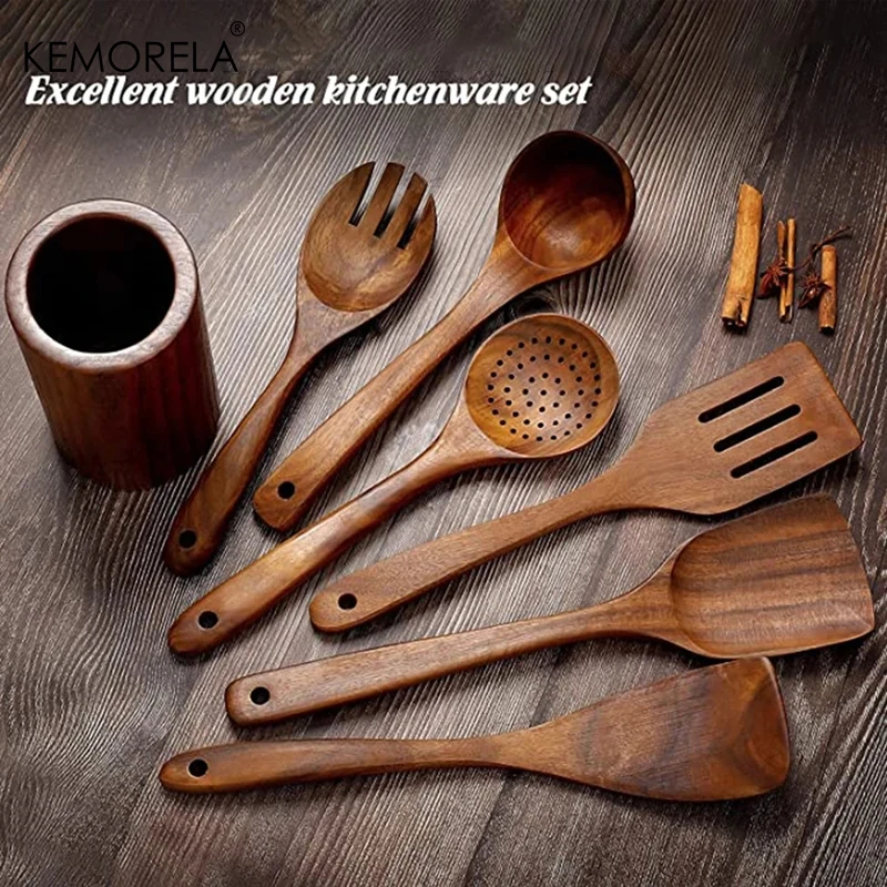 7PCS Thailand Teak Cooking Spoon Natural Wooden Kitchen Tableware Tool Ladle Turner Rice Colander Soup Skimmer Scoop Utensils