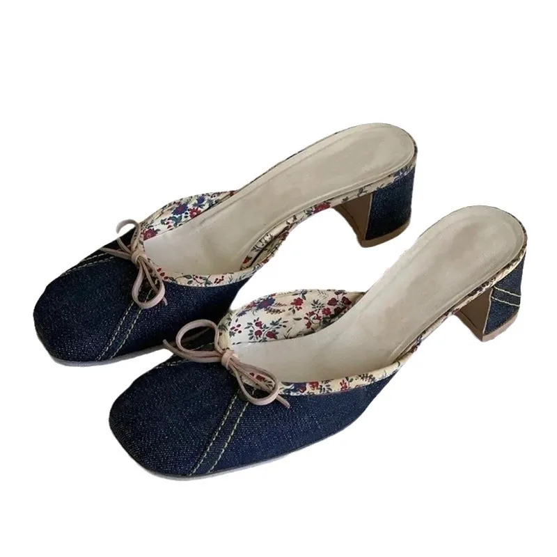 

Bow Thick Heel Denim Slippers Women Single Shoe Summer Slides Beach Sandals Elegant Concise Ladies Zapatos Mujer 2026