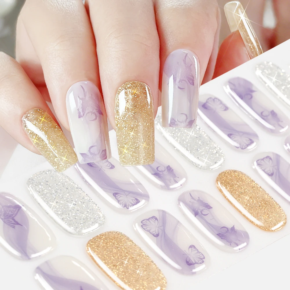 16Tips Lavender Purple Butterfly Nail Gel Stickers Baking-Free Self-Adhesive Nails Wraps Long-Lasting Full Cover Manicure Strips