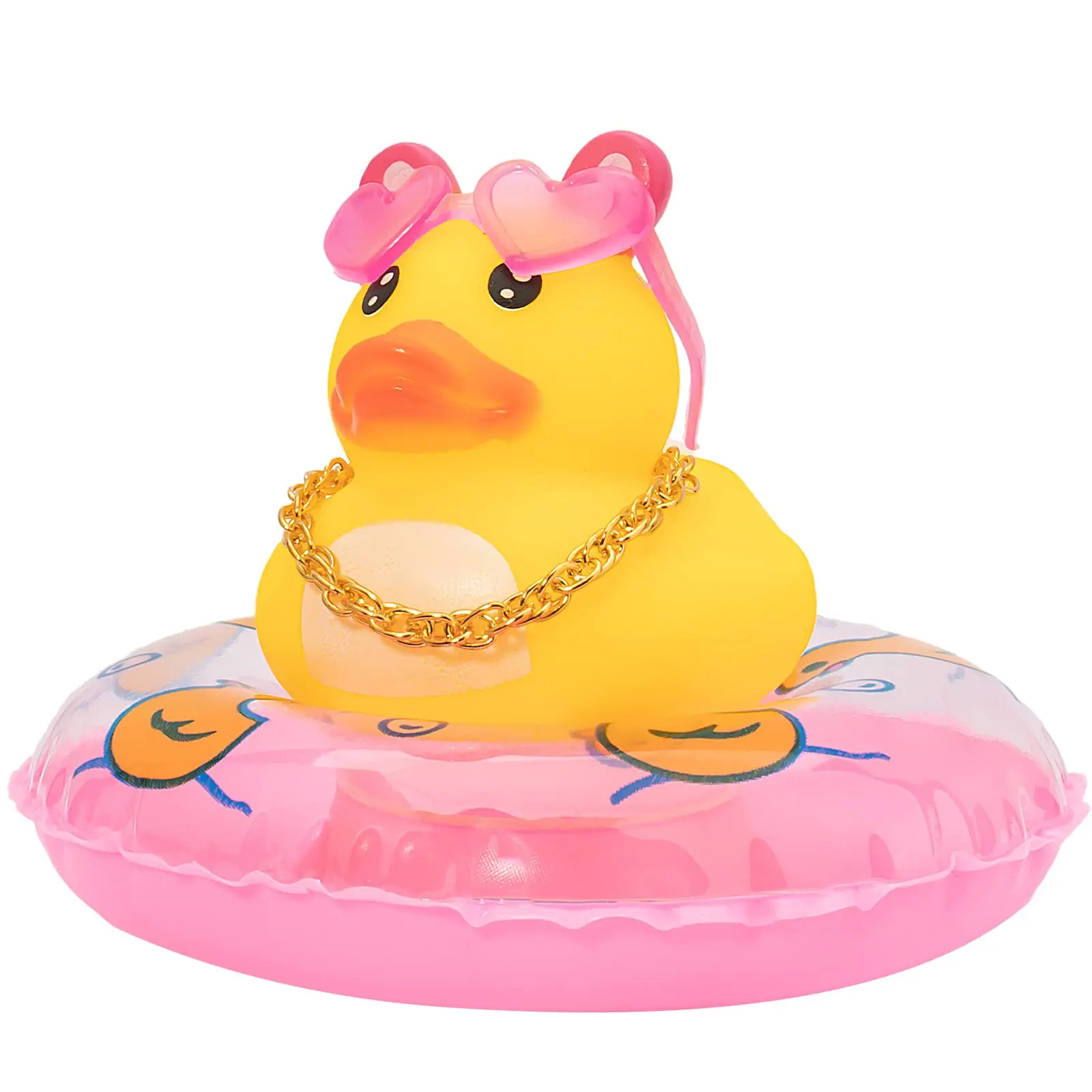 Car Rubber Duck Decoration - Dashboard Ornament with Mini Swim Ring Necklace and Sunglasses