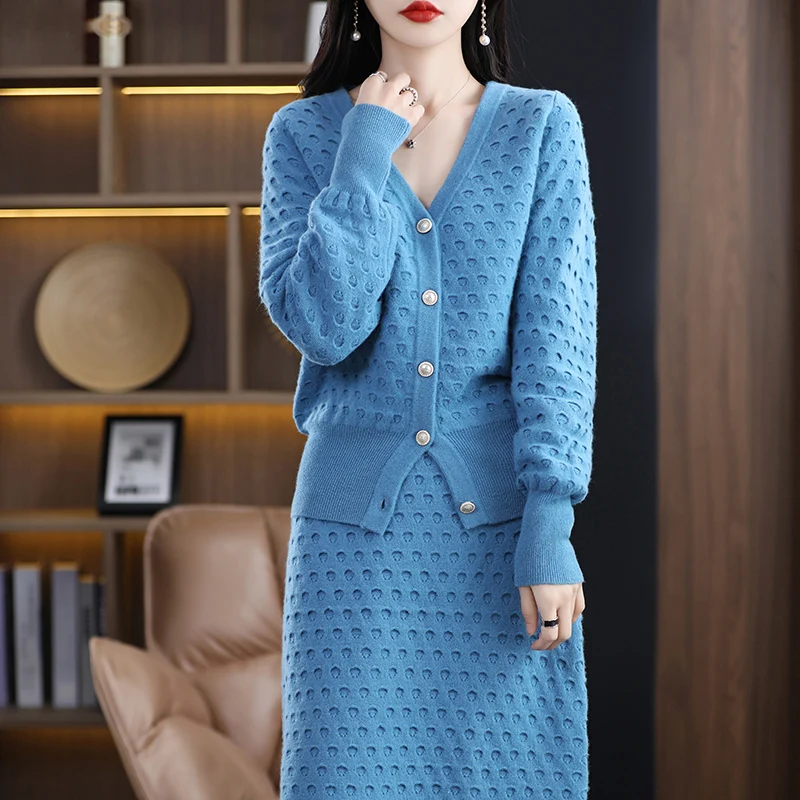 Autumn and winter new 100 pure wool fashion knitting suit women's V-neck cardigan slim skirt suit