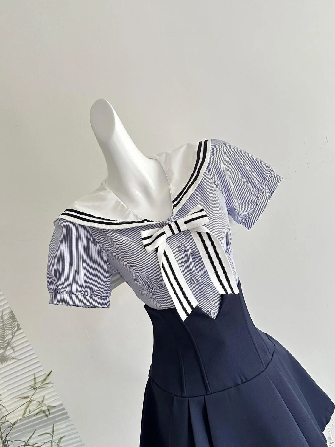 에이멍링 칼리지 슬레 세트 여름 JK 스타일 세일러 하이웨이스트 네이비 칼라 셔츠와 스커트 패셔너블 여성복...