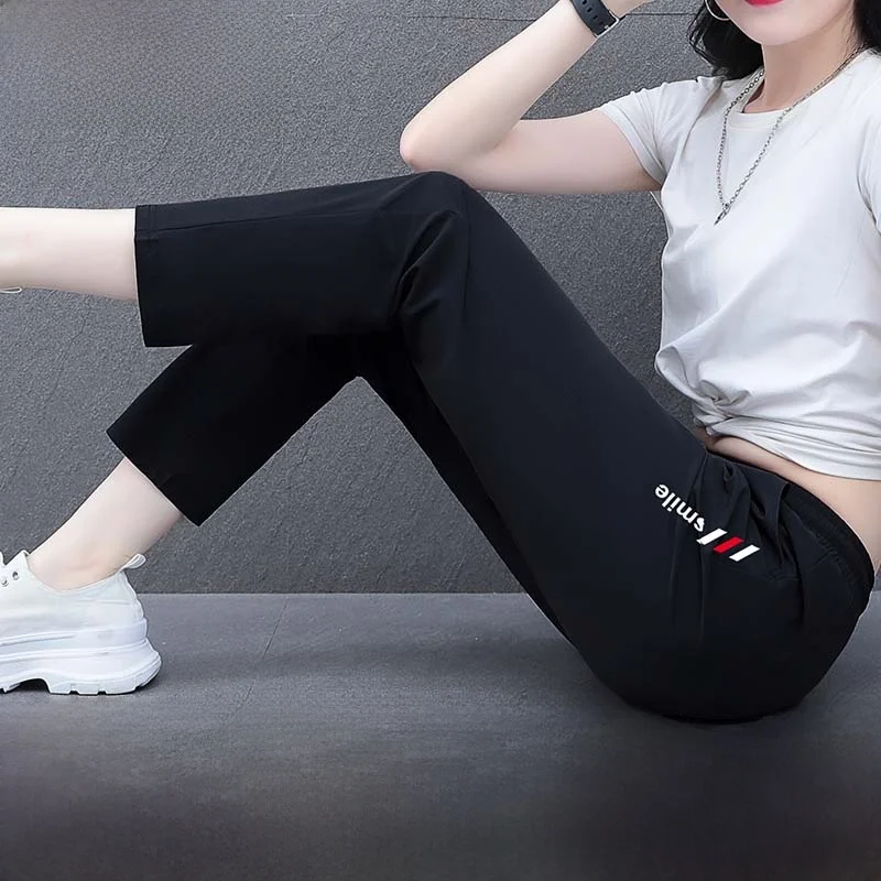 

Женские спортивные брюки TUCANO с высокой талией из ледяного шелка, летние, новые, тонкие, эластичные, простые, повседневные, укороченные (7/8)