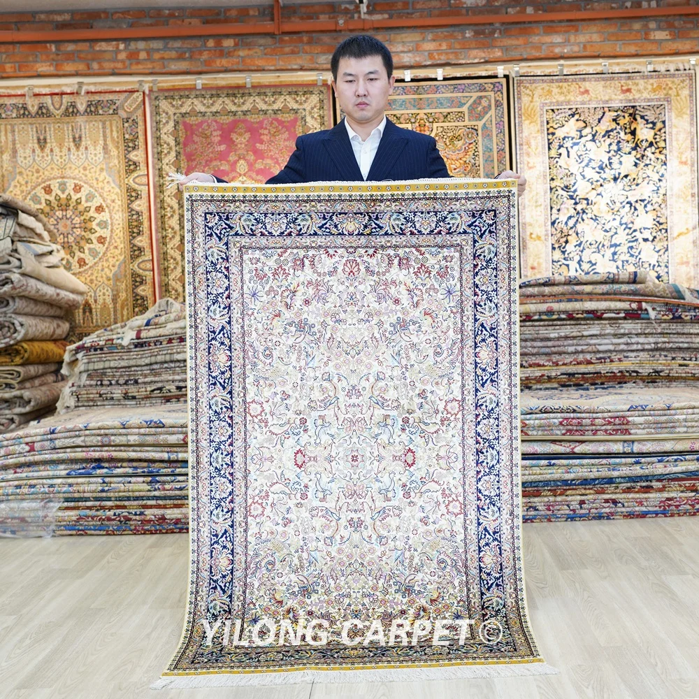 

YILONG 3 'x 5' Античный Восточный шелковый ковер бежевый изысканный ручной работы ковер (LH106A)