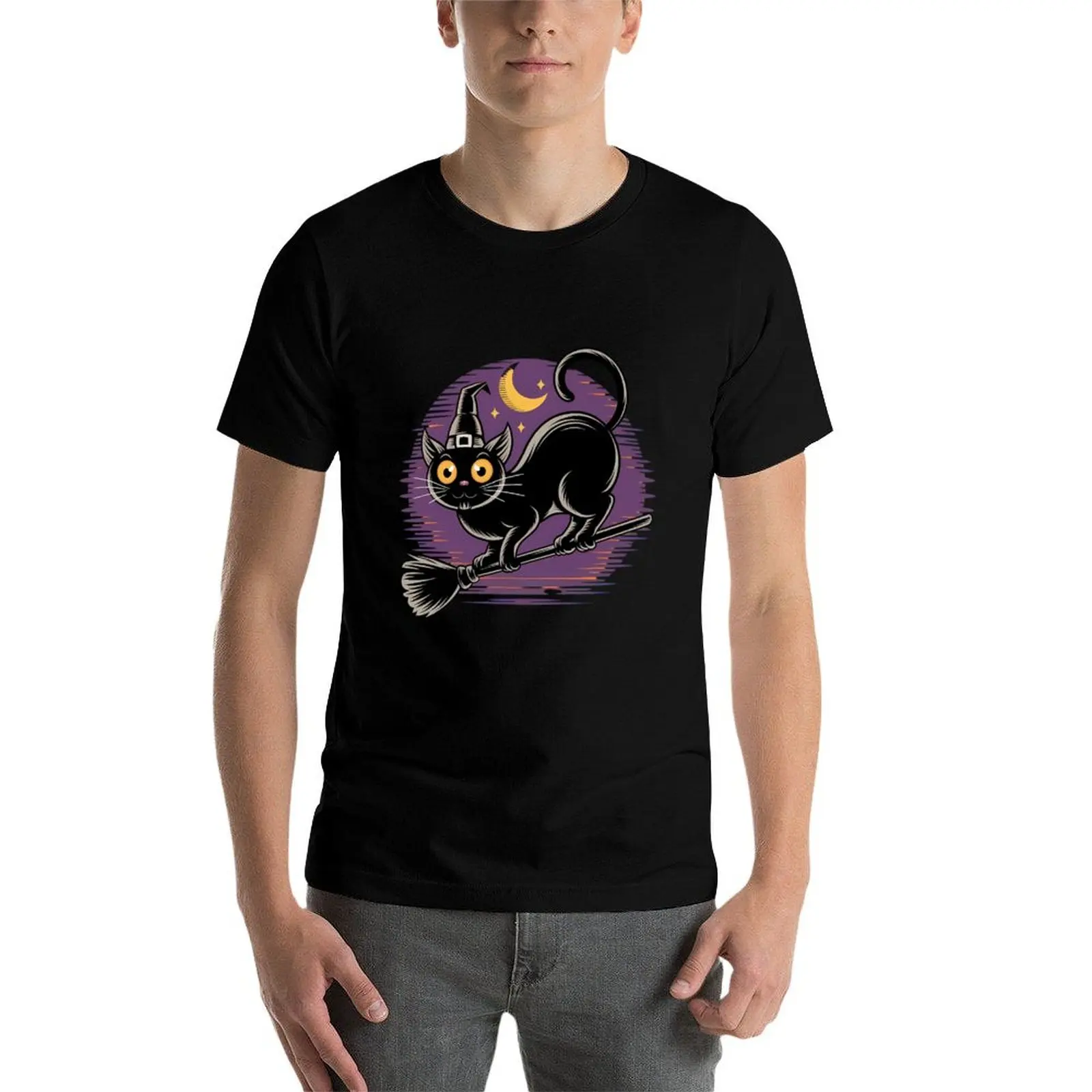 

Cat on broomstick Halloween theme T-Shirt t shirt man cotton man t shirts cotton anime t shirts for man T-Shirt