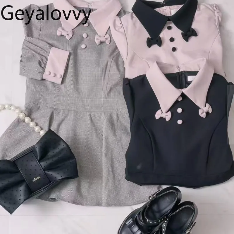 

Japanese Style Versatile Bow Collar Long Sleeve Dress Sweet Girl High Waist Slim Fit Short Dress + Base Shorts Two-Piece Set