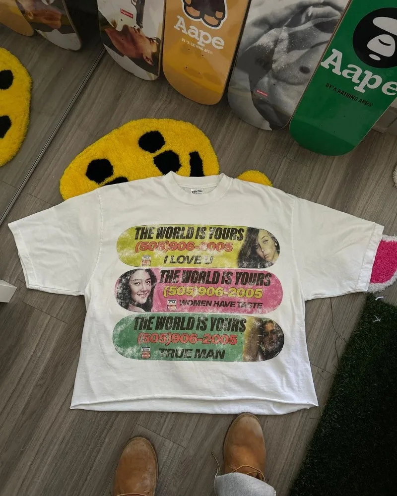 

European and American Classic Comic Print Clothing High Street Short-sleeved T-shirt Women Y2k Loose Casual Oversized Top Men