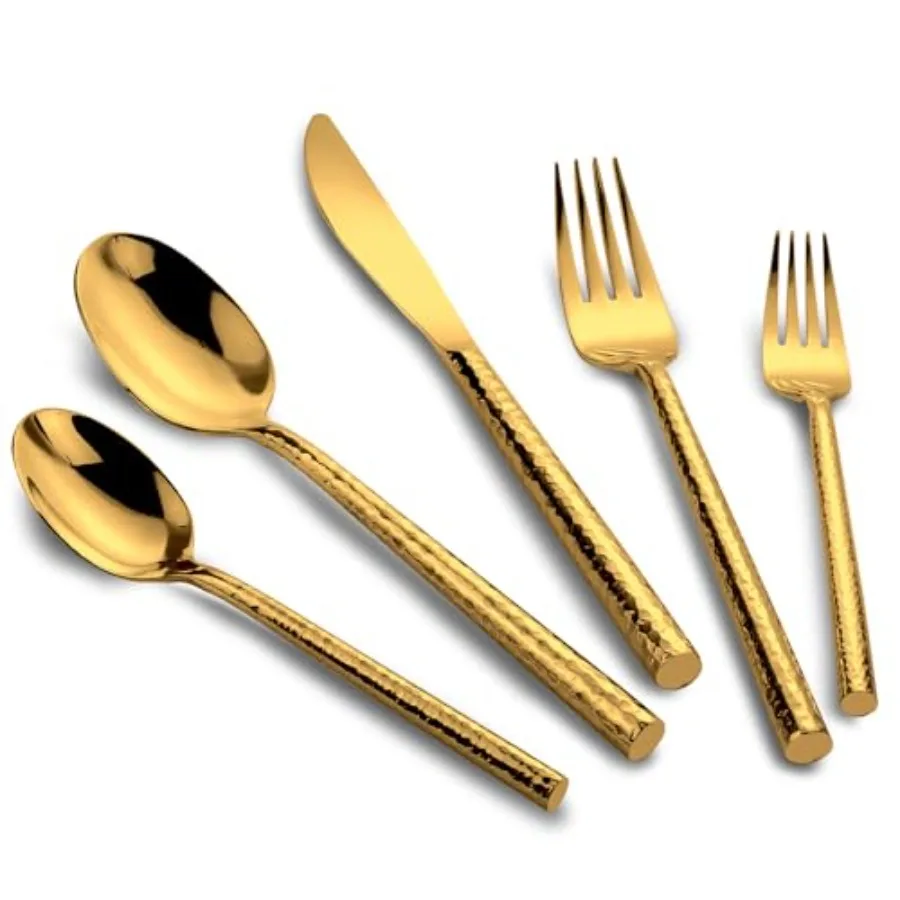 

18/10 Stainless Steel Flatware Set Hand Forged Silverware Set Cutlery Set Shiny Gold Round Hammered Handle Mirror Finished 20 P