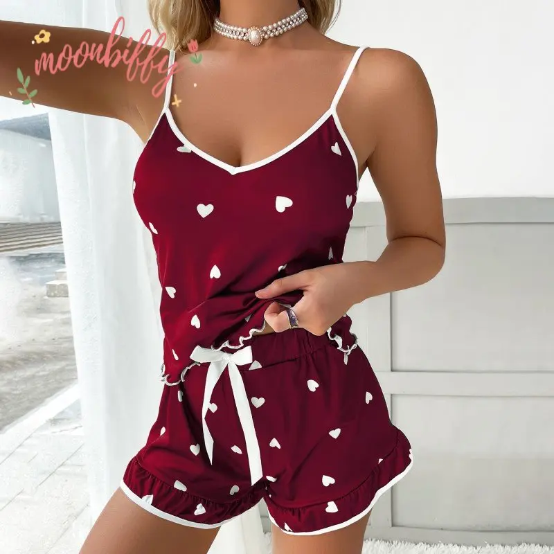 

Ladies Sexy 2 Piece Pajama Set Deep V Neck Pyjamas Shorts Set Lace Pijama Suit Sleepwear for Women Sexy Nighties Homewear