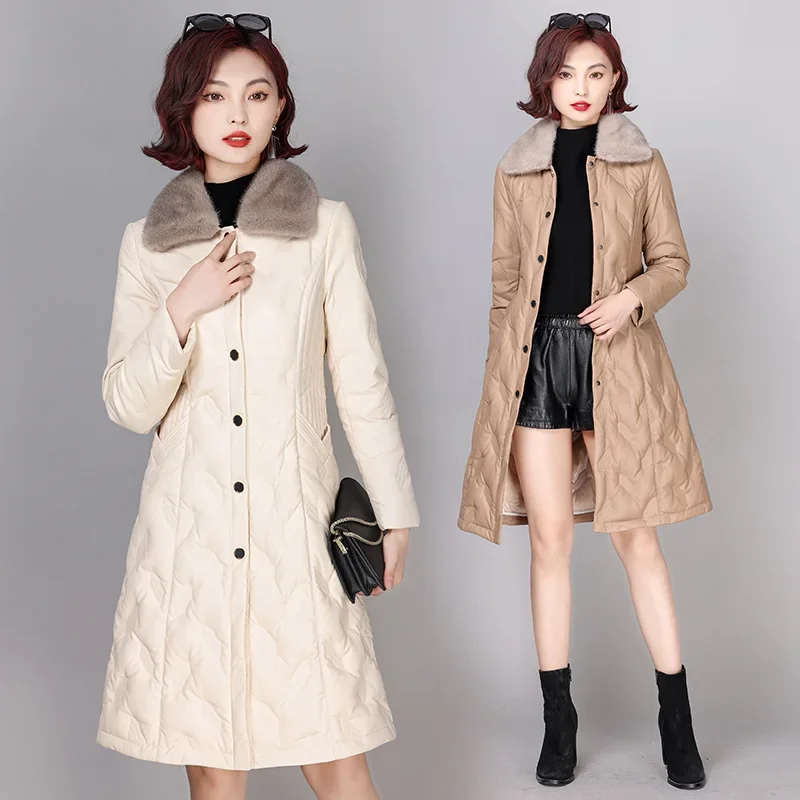 Genuine Leather Jacket Women Autumn Winter White Duck Down Jackets for Women Mid-length Down Coats Female Parkas Mink Fur Collar