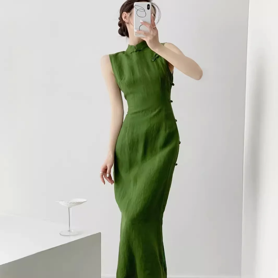 Vintage Original Design New Chinese Style Improved Daily Cheongsam Summer Solid Linen Qipao Party Dress  Платья CH-148
