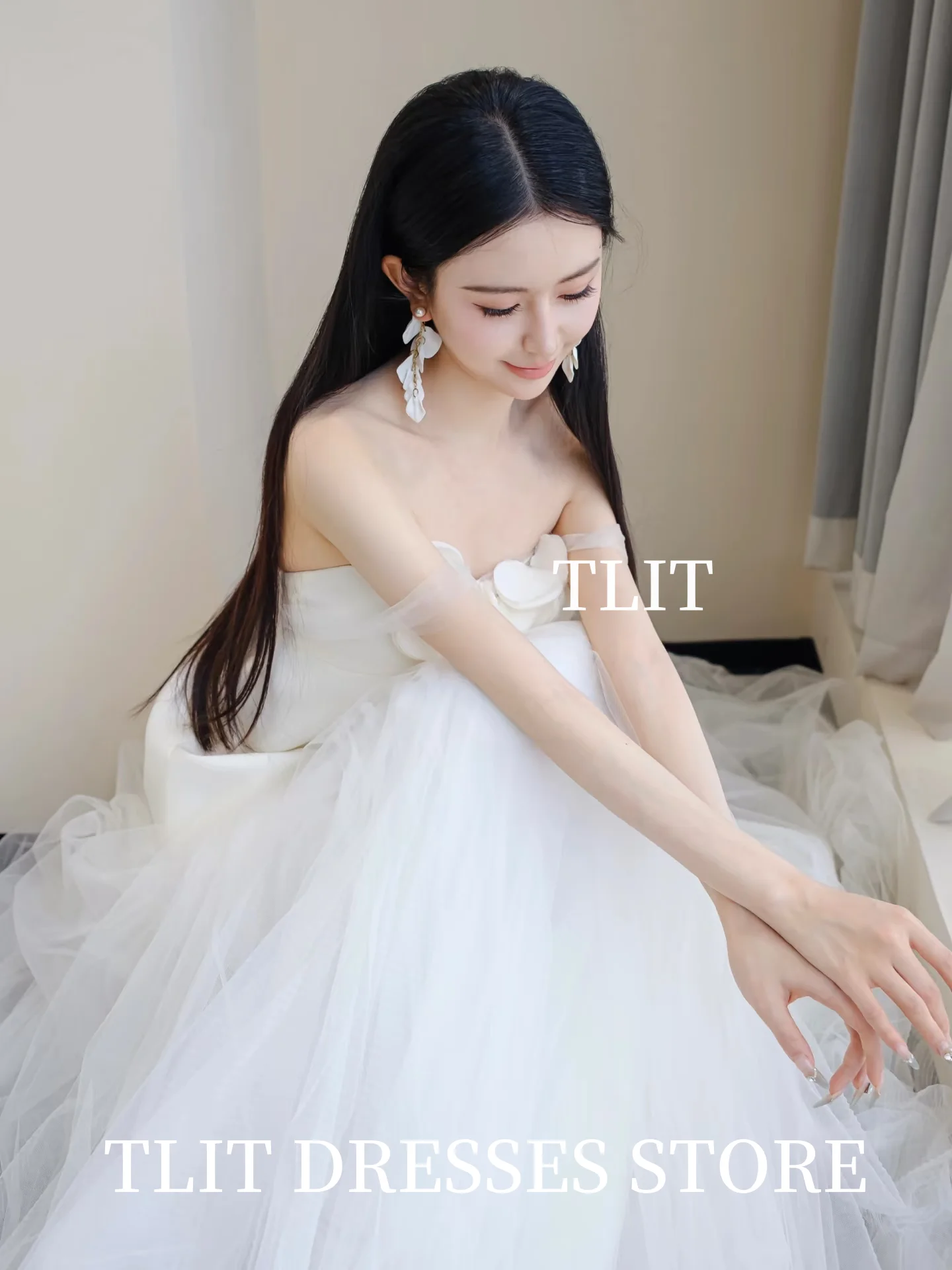 TLIT Элегантное атласное свадебное платье из тюля без бретелек 웨딩드레스 Платья с аппликациями и цветами Корейское свадебное платье Фотосессия по индивидуальному заказу