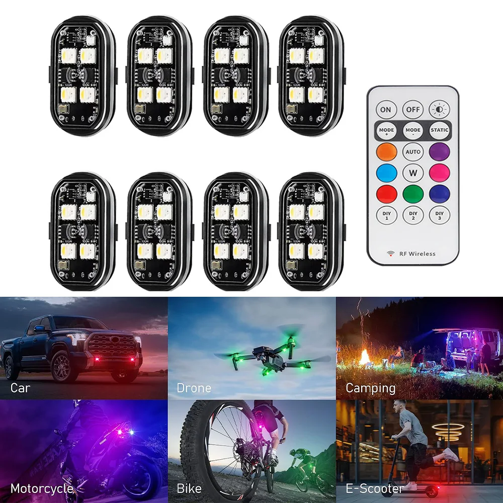 

Motorcycle Warning Lamp 8 Color Wireless LED Strobe Lights with Remote Control Anti Collision Waterproof Lights Rechargeable