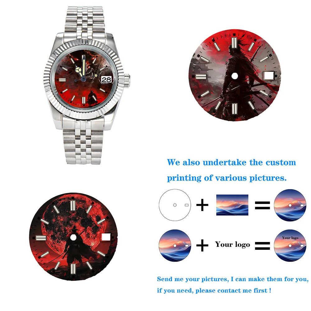 

Циферблат часов 28,5 мм, циферблат NH35, креативный циферблат серии Samurai с цветной печатью подходит для аксессуаров для часов с механизмом NH35/36/34gmt