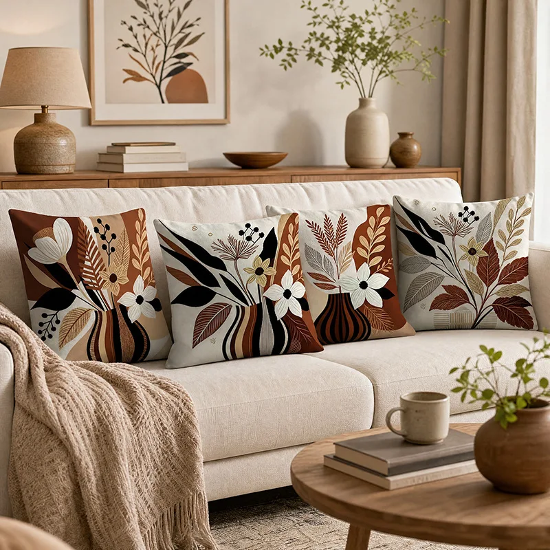 Bohemian Abstract Flower Single sided Pillow Cover Morandi Brown Art Vase Living Room Cushion Cover