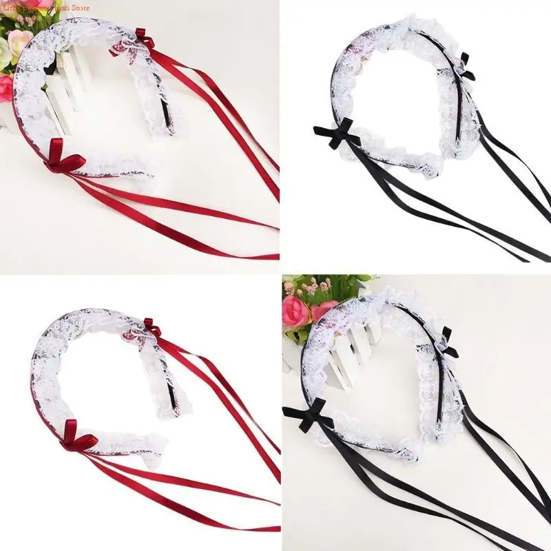 F92D Lace Headband Maid Ruffled Headdress Ornaments Ribbon Bowknot Hair Hoop