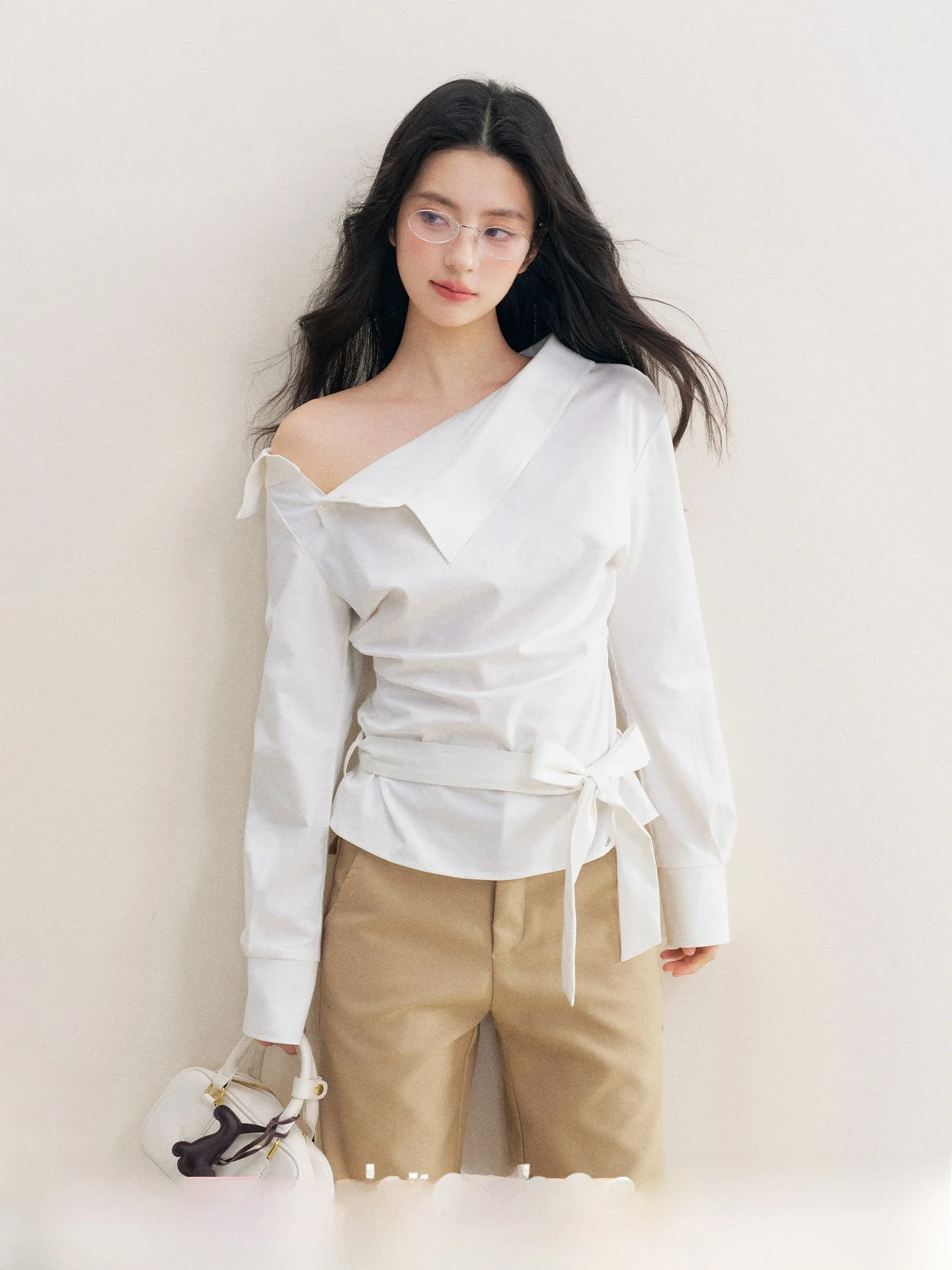 

Женская модная блузка Kroche Ge Chic из комфортного хлопка с длинным рукавом, асимметричными складками, поясом и облегающим кроем, весна 2024