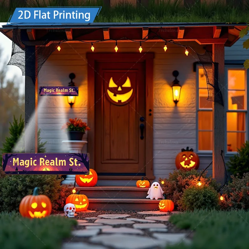 1pc Metal Sign, 4x16inch Halloween Magic Realm Street Sign with Pumpkin Bat Lights Decor