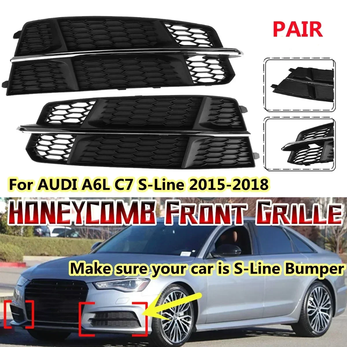 Fog Light Grille Cover For AUDI A6 C7 A6L S-Line 2015-2018 Fog Light Lamp Cover HONEYCOMB HEX Front Grille Grill 4G0807681AN