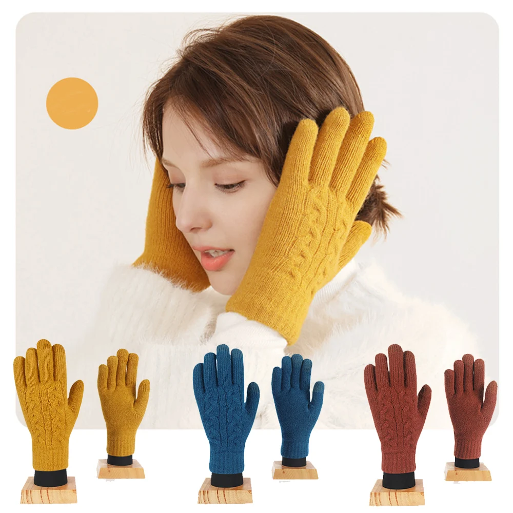 

Women Winter Warm Knitted Full Finger Gloves Solid Woolen Touch Screen Mittens Thick Warm Cycling Driving Glove Guantes Mujer